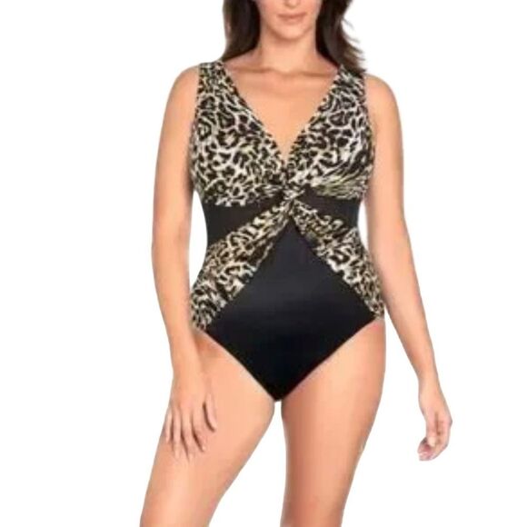 Miraclesuit NWT Miradonna Black Leopard Print Twist Front One-Piece Swimsuit - Picture 1 of 13